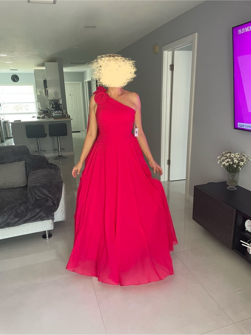 Teri Jon by Rickie Freeman Raspberry Red One-Shoulder Rosette Gown – Size 6